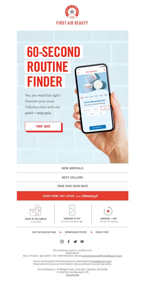 An awesome Onboarding drips email example from First Aid Beauty. View 100+ more email templates and examples and get inspiration for your next email design with MailCharts! #EmailDesign #EmailMarketing #EmailInspiration #OnboardingDripsEmail Email Examples, Campaign Planning, Skin Quiz, Customer Retention, Email Template, First Aid Beauty, Email Design, Email Campaign, Email Templates