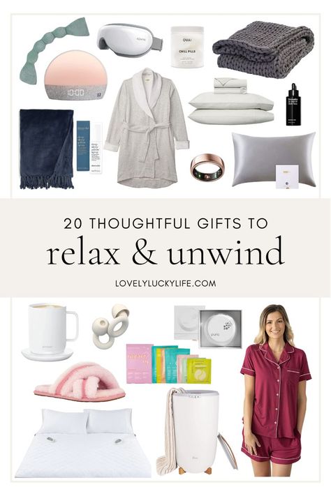 Looking for the perfect gift for a woman who needs some relaxation and self-care? Look no further than these 20 thoughtful relaxation gifts for women to help her unwind and de-stress. From cozy blankets to luxurious loungewear, these gifts will show her how much you care about her sanity. #mothersday #giftguide #giftideas #relax #pampered #selfcare #giftsformom #mom #mother Homebody Gifts For Women, New Mom Self Care Basket, Relaxation Gift Basket Ideas For Women, Gifts For Relaxation, Relaxation Gifts For Women, Relaxing Gifts For Women, Relaxing Gift Basket Ideas, Self Care Gift Basket, Luxurious Loungewear