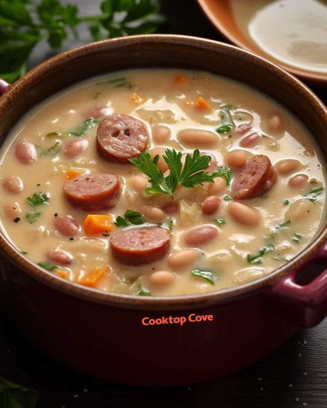 Bean Sausage Soup, Bean Sausage, Bean And Sausage Soup, Kielbasa Soup, Cooktop Cove, Borscht Recipe, Moms Recipes, Bean Dishes, Hearty Soup Recipes