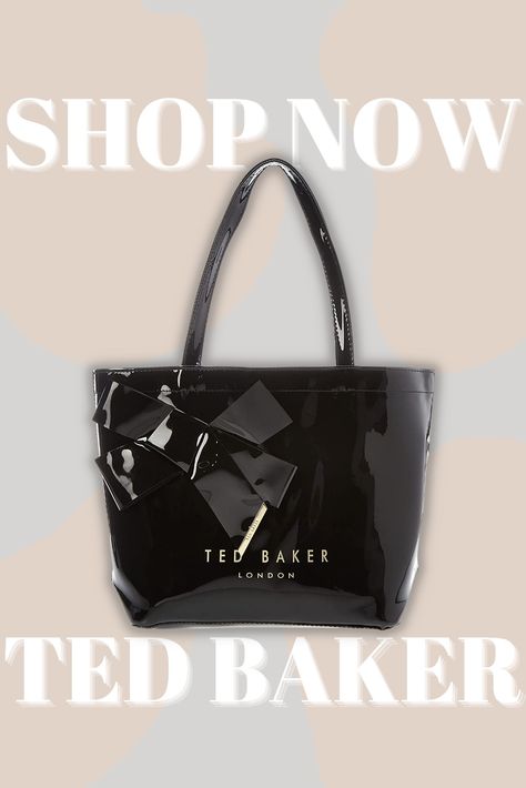 SHOP NOW TED BAKER text with image of a ted baker vinyl shopper bag with a bow and shoulder strap. Ted Baker Tote Bag, Tote Bag Outfit, Ted Baker London, Shopper Bag, Black Bag, The Pink, Cloth Bags, Stylish Women, Ted Baker