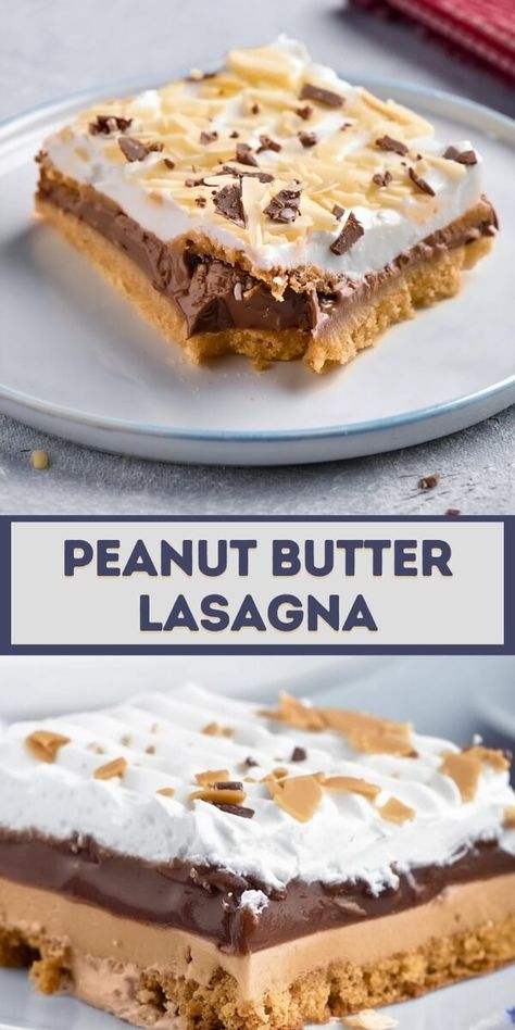 Peanut Butter Lasagna Peanut Butter Lasagna Desserts, Peanut Butter Chocolate Lasagna, Carrot Cake Cheesecake Bars, Butter Cookie Crust, Peanut Butter Cookie Lasagna, Protein Peanut Butter Ball Recipes, Peanut Butter Lasagna, Raspberry Cake Recipes, Chocolate Peanut Butter Recipes