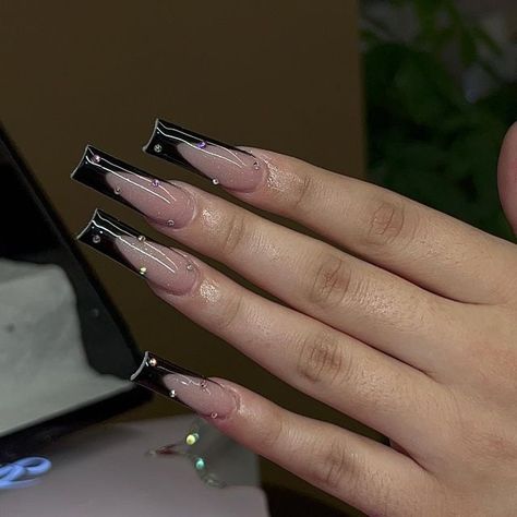 Black French Tip With Gems, Black French Nails With Design, Black Frenchies, Acrylic Nail Designs Coffin, Black French Tip, Tapered Square Nails, French Tip Acrylic Nails, Pics Inspo, Nails Prom