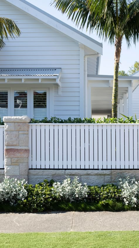 Reimagine your home and garden with us🌱  Head to the link in bio, explore our latest projects and see how you can turn your dreams into reality. Front Garden Renovation, White Brick Fence Wall, Coastal Front Fence, Fence Modern House, Queenslander Facade, Front House Fence Ideas, Front Fence Ideas Australia, Farmhouse Garden Landscaping, Hamptons Front Garden