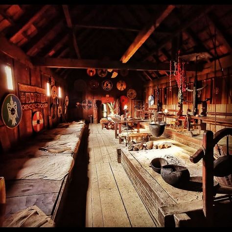 Viking House Interior Concept Art, Viking Cabin Interior, Viking Style Home, Viking Longhouse Interior, Viking Aesthetic Home, Nordic Longhouse, Viking Village Aesthetic, Viking Style House, Longhouse Interior