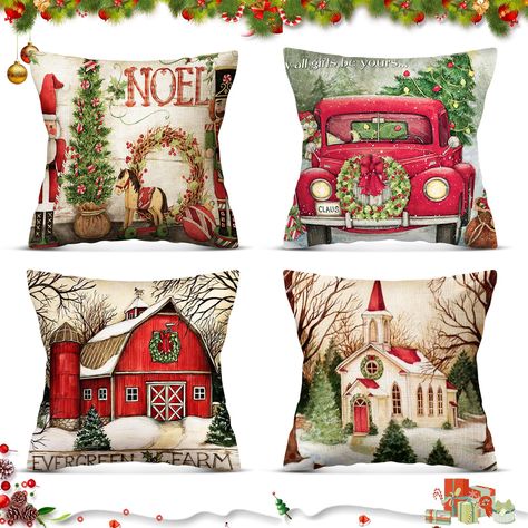 PRICES MAY VARY. Material: The christmas pillow covers is made of breathable high-quality linen. It is breathable, comfortable and durable. Various styles, easy to disassemble, easy to wash and dry, machine washable and hand washable. Pillowcase set of 4: a pack of 4 cushion covers 45 cm x 45 cm (18 x 18 inches). Suitable for cushions, pillows, sofa cushions, leisure cushions and decorative cushions. With a variety of different Christmas elements. Light up your living room, very suitable for hom Christmas Sofa, Christmas Tree Pillow, Christmas Porch Decor, Red Throw Pillows, Christmas Pillowcases, Tree Pillow, Printed Pillowcases, Decor Pillows, Throw Pillows Christmas