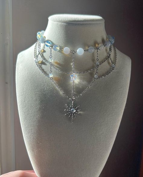 ‘Starlight’ Choker ⭐️ made with opalite beads, aquamarine beads, a glass star bead, stainless steel chain and findings 16in + 2in extension chain available now, link in bio ⭐️ #handmadejewelry #explorepage #necklace #choker Glass Stars, Aquamarine Beads, Business Idea, Small Business Ideas, Necklace Choker, Gothic Jewelry, Beaded Choker, Schmuck Design, Steel Chain