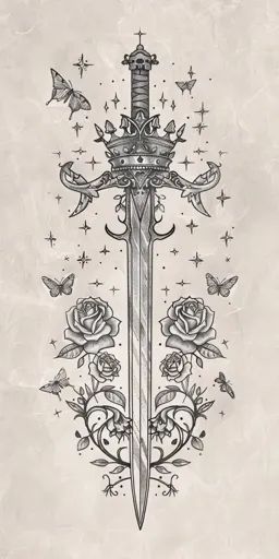 ↑↑↑ Larger size on website 🔸 A detailed line drawing of a sword with a crown on its hilt. The sword is surrounded by a floral des 🔸 From Midjourney AI Image Fantasy Swords Illustration, Swords Drawing, Mondstadt Characters, Dagger Drawing, Small Butterflies, Crown Drawing, Small Stars, Hand Drawings, Sketchbook Inspo