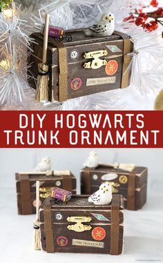 DIY Hogwarts Trunk Ornaments | artsy-fartsy mama Ravenclaw Trunk, Bluey Ornament Diy, Ravenclaw Christmas, Hogwarts Sign, Xmas Characters, Halloween Hallway, Emily Room, Harry Potter Trunk, Hogwarts Trunk