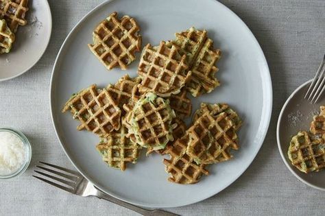 Waffled Zucchini-Parmesan Fritters, a recipe on Food52 Parmesan Waffles, Zucchini Waffles, Zucchini Parmesan, Waffle Maker Recipes, Savory Pancakes, Parmesan Zucchini, Zucchini Fritters, Fritter Recipes, Waffle Iron