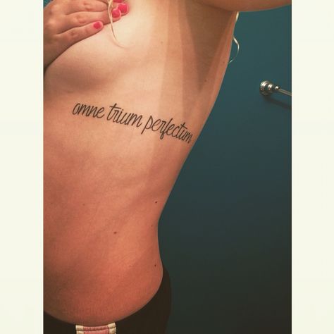 Omne trium perfectum rib tattoo. For my beautiful angel. It means "everything that comes in threes is perfect or complete" for Down syndrome awareness Omne Trium Perfectum Tattoo, Survivor Tattoo, Beautiful Angel, Piercing Ideas, Rib Tattoo, Beauty Tattoos, Tattoo Inspo, Pretty Tattoos, A Tattoo