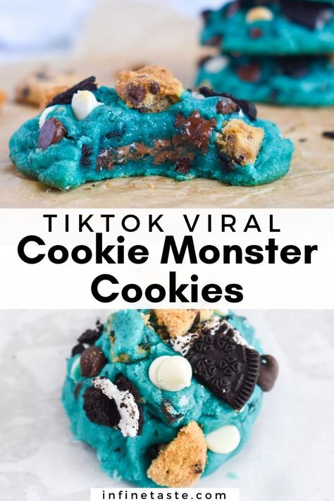 You might have seen the famous blue cookie monster cookies that went viral on TikTok. We made them with our own cookie base and made them even better! They are full of semisweet and white chocolate chips, chopped Oreos, chopped crispy chocolate chip cookies, with milk chocolate stuffed in the center. They’re cookie monster cookies, so the more cookies the better, right? Moster Cookies, Cookies With Milk, Cookie Monster Cookies, Famous Amos Cookies, Crispy Chocolate Chip Cookies, Monster Cookies Recipe, Cookie Monster Cake, Homemade Cookbook, Easy Halloween Food