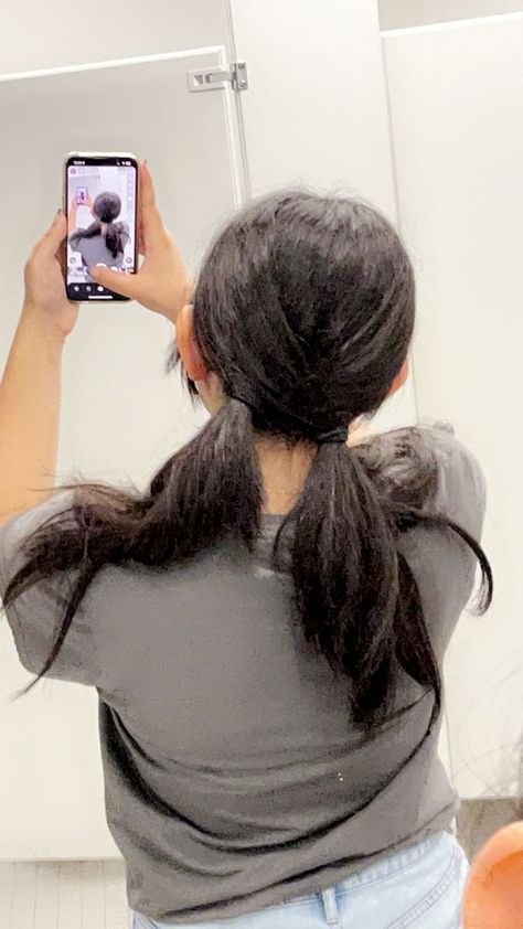 Criss Cross Pigtails, Low Pigtails, Mirror Selfie Aesthetic, Girl With Pigtails, Hairstyles Pigtails, Selfie Aesthetic, Pigtail Braids, Pigtail Hairstyles, Fluffy Hair