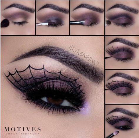 Bat Eye Makeup Tutorial, Witch Makeup Brown Eyes, Kids Halloween Witch Makeup, Easy Halloween Make Up Look, Spiderweb Eye Makeup, Simple Witch Makeup, Gory Halloween Makeup, Pretty Witch Makeup, Makeup Tutorial Halloween