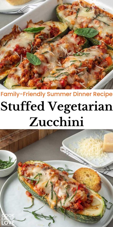 Looking for a healthy dinner recipe for tonight? Try this Stuffed Vegetarian Zucchini recipe! It’s a perfect easy weeknight dinner, tender zucchini boats are topped with a savory blend of veggies and spices, making them a nutritious and tasty choice for everyone. This simple yet flavorful dish is ideal for busy nights when you need a quick and healthy meal. Treat your family to this vegetarian delight that’s sure to become a weeknight favorite! #healthydinner #zucchinirecipes Vegetarian Zucchini Recipes, Zucchini Boats Healthy, Vegetarian Zucchini Boats, Boat Recipes, Zucchini Boat, Zucchini Boat Recipes, Zucchini Recipe, Stuffed Zucchini, Healthy Weeknight Dinners