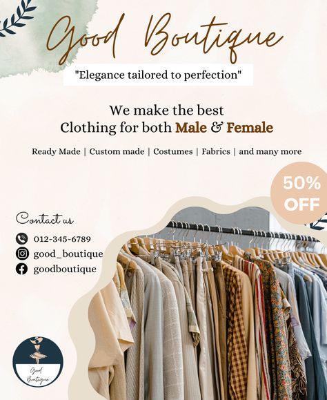 Boutique shop poster design using @canva ----------------------------------------- If you find this helpful Follow @abidesigner03 To get more Canva related content Make sure you don't forget to ->Like ->Comment ->Share ->Save Business inquiries 1)Fiverr account link : https://www.fiverr.com/abi_designer03/design-anything-in-canva-for-your-social-media-posts 2)Email : abidesigner03@gmail.com Boutique Caption Ideas, Content For Clothing Store, Boutique Board Design Ideas, Clothes Shop Poster Design, Boutique Poster Design Ideas, Poster For Clothing Brand, Fabric Social Media Post, Clothing Post Ideas, Dress Poster Design