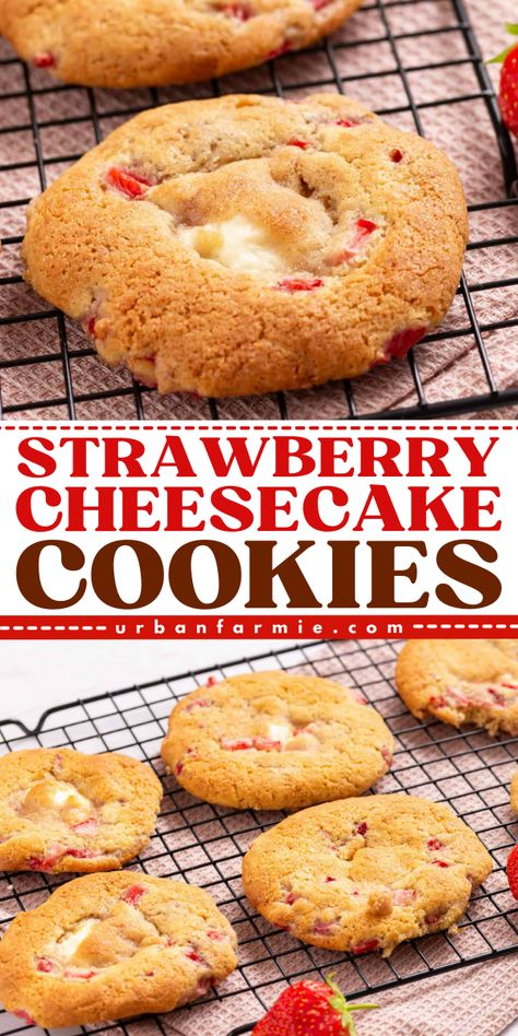 These strawberry cheesecake cookies combine sweet strawberries and creamy cheesecake in one go. They are convenient, delicious and ready in under 30 minutes! Easy Desserts With Strawberries Simple, Desserts With Strawberries, Vegetarian Cookie Recipes, Strawberry Cheesecake Cookies, Easy Holiday Baking, Easy Strawberry Desserts, Amazing Cookie Recipes, Cheesecake Cookie, Desserts With Few Ingredients