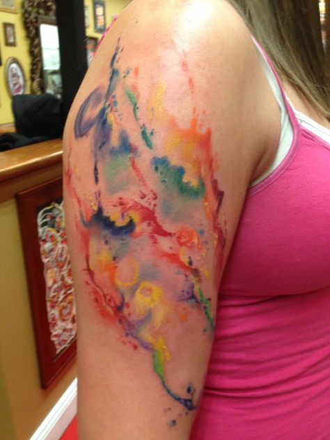 Orange Watercolor Tattoo, Paint Splatter Tattoo, Splatter Tattoo, Justin Tattoo, Watercolor Tattoo Sleeve, Belly Button Tattoo, Watercolor Tattoo Ideas, Abstract Tattoos, Cool Nature