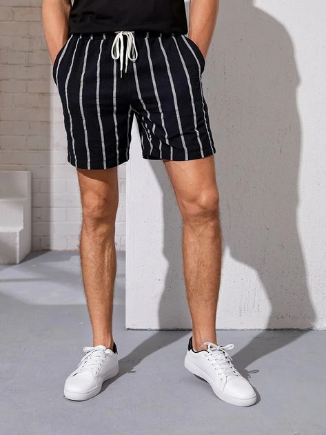 Men Drawstring Waist Slant Pocket Striped Shorts | SHEIN USA Leather Sneakers Outfit, Gay Outfits, Black Preppy, Curved Hem Shirt, Purse Design, Styles Dress, Eyes Beautiful, Pink Glam, Expensive Clothes