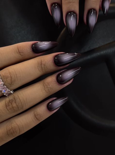 Cat Eye Reflective Nails, Goth French Nails, Black And Purple Aura Nails, Airbrush Almond Nails, Black Monochrome Nails, Aura Nails Fall, Cat Women Nails, Nosferatu Nails, Black Chrome Nails Almond