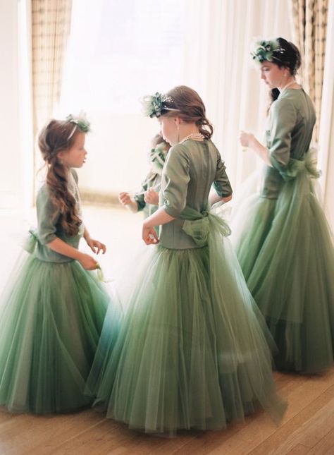 olive green flower girl dresses Green Flower Girl Dresses, Beverly Hills Wedding, Green Weddings, Green Tulle, Girls Ring, Ring Bearers, Cottage Charm, Emerald Wedding, Green Dresses