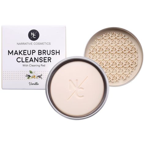 Amazon.com: Narrative Cosmetics Solid Makeup Brush Cleanser Soap with Silicone Cleaning Pad, Cleans Natural & Synthetic Brushes, Vegan, Cruelty-Free, Natural Ingredients, Vanilla Fragrance, 2.45 Oz. : Beauty & Personal Care Vegan Makeup Brushes, Removing Makeup, Brush Cleanser, Flawless Makeup Application, Vanilla Scent, Makeup Brush Cleaner, How To Clean Makeup Brushes, Vanilla Fragrance, Happy Skin