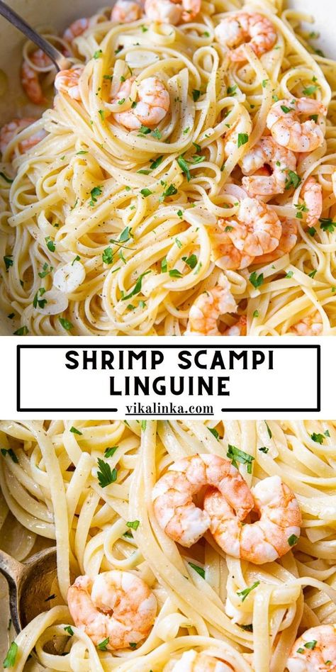 Indulge in this Shrimp Scampi Linguine for a special occasion dinner. Shrimp cooked in garlic butter sauce with a splash of white wine, then tossed with linguine. Whether it’s a dinner for TWO or a crowd, this simple shrimp scampi recipe is quick, easy and light on the ingredients, that is guaranteed to impress. Scampi Sauce Recipe Easy, Linguine Recipes Easy, Simple Shrimp Scampi, Shrimp Linguine Recipe, Vikalinka Recipes, Shrimp Scampi Linguine, Garlic Shrimp Scampi, Shrimp Pasta Recipes Easy, Dinner Shrimp