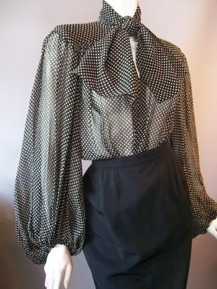 Sheer polka dot silk 80s blouse by Yves St Laurent, YSL Rive Gauche. 60s Clothes, Ținute Business Casual, Mode Prints, St Laurent, Clothes Aesthetic, فستان سهرة, Stil Inspiration, Rive Gauche, Polka Dot Blouse