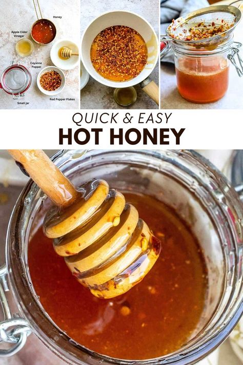 This Hot Honey Recipe is seamless, easy, and much more affordable than buying it pre-made. You decide the heat level! Ready in 20 minutes, this is a delicious sauce. Just a few simple ingredients will give you a cup of homemade hot honey to add to chicken, salmon, tacos, and more. Easy Hot Honey Recipe, Hot Honey Dressing, How To Make Hot Honey, Homemade Hot Honey, Fridge Staples, Hot Honey Sauce, Hot Honey Recipe, Pesto Dressing, Honey Salmon