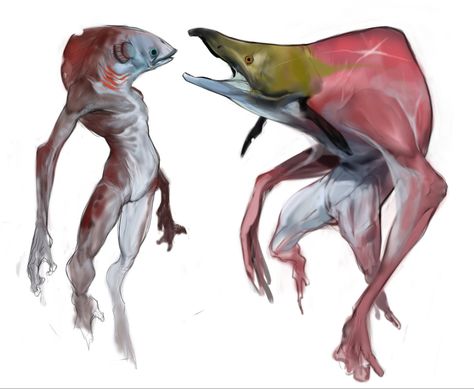 Fish People Character Design, Mutated Animals, Fish People, Character Design Cartoon, Sockeye Salmon, Creature Artwork, Alien Concept, Alien Design, 다크 판타지