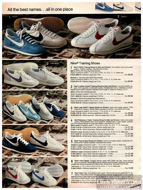 Nike men's training shoes in the 1983 J.C. Penney catalog. They included the classic Nike Cortez at upper right which had become a major American style fad among both men/boys and girls/women by 1979-80 and was at the top of Nike's running shoe price scale. When this catalog was printed, Nike was still about a year away from releasing the Air Jordan, and five years from introducing their now-iconic "Just Do It" advertising slogan. 80s Shoes Men, 90s Shoes Men, Shoes In The 80s, 80s Shoes 1980s Style, Shoes From The 80s, Nike Cortez Outfit, Round Shoes, 80 Shoes, Vintage Shoes Men