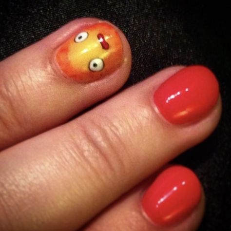 Calcifer Nail Art, Howls Moving Castle Nails Simple, Howls Moving Castle Nail Design, Howls Moving Castle Nail Art, Calcifer Nails, Ponyo Nails, Howls Moving Castle Nails, Castle Nails, Anime Inspired Nails