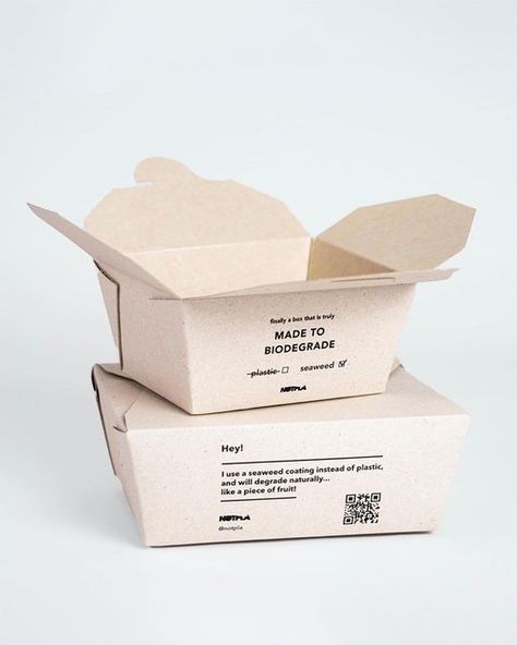 Sustainable Design Inspiration on Instagram: "@notpla Takeaway box uses a seaweed-based coating to replace the usual plastic. It’s a little-known fact that to protect takeaway boxes – from the oil and water in your food – most are lined with a plastic coating or packed with nasty chemicals known as PFAs. That small, invisible layer of plastic will be around long after the food is gone … while those PFAs bioaccumulate in humans, increasingly seen to be contributing to a range of possible cance Sustainable Takeaway Packaging, Sustainable Packaging Design Food, Restaurant Take Out Packaging, Sustainable Packaging Food, Takeaway Box Design, Food Packing Box Design, Food Takeaway Packaging, Meal Delivery Packaging, Medicine Cart