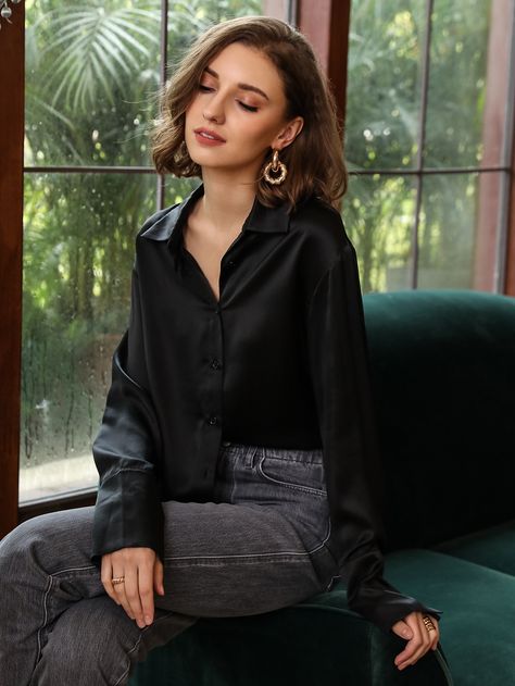 Black Elegant  Long Sleeve Silk Plain Shirt Embellished Non-Stretch Spring/Fall Women Tops, Blouses & Tee Black Satin Blouse Outfit, Black Silk Blouse Outfit, Silky Shirt Outfit, Plain Top Outfit, Black Satin Shirt Outfit, Black Blouse Outfit, Satin Shirt Outfit, Silk Blouse Outfit, Satin Blouse Outfit