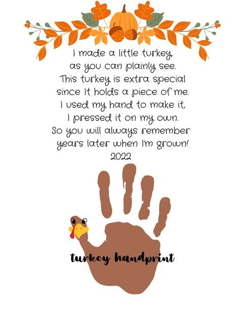 Just add the handprint to this sweet poem! Turkey Handprint Poem, Turkey Poem, Handprint Turkey, Fall Handprint Crafts, Handprint Poem, Turkey Crafts Kids, Thanksgiving Poems, Thanksgiving Activities Preschool, Turkey Handprint