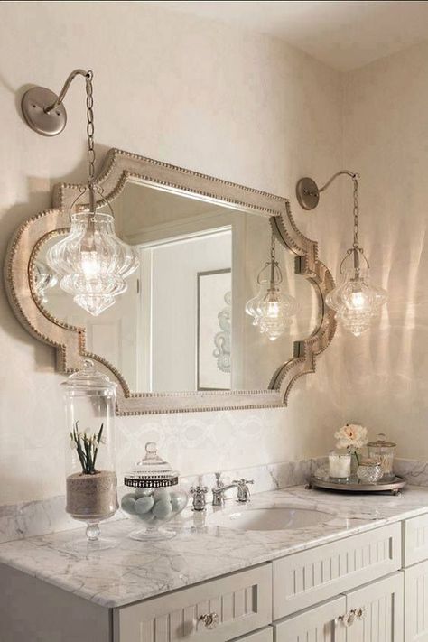 Bathroom Lighting Design, Bathroom Mirror Design, French Bathroom, French Country Bathroom, Silver Bathroom, House Of Turquoise, Country Bathroom, French Home Decor, Vintage Bathrooms