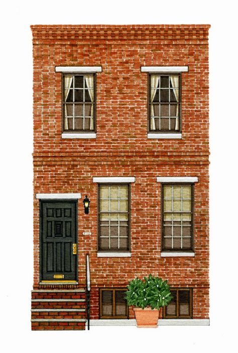 Brick House Illustration, Brick Building Drawing, Apartment Drawing, House Portrait Painting, Building Front, Building Drawing, Building Illustration, Architecture Building Design, By Regina