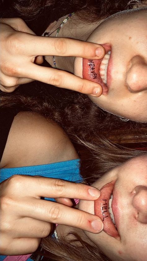 Matching inner lip tattoos, couple tattoos heaven and hell for friends. Matching Lip Tattoos For Best Friends, Tattoos Heaven, Tattoos For Friends, Matching Quote Tattoos, Inner Lip Tattoo, Brother Sister Tattoo, Tattoos Matching, Friends Couple, Matching Best Friend Tattoos