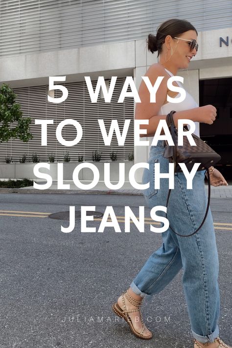 5 WAYS TO WEAR HIGH WAIST SLOUCHY JEANS FOR SUMMER: http://www.juliamarieb.com/2020/05/20/5-ways-to-wear-slouchy-jeans-|-the-rule-of-5/ | @julia.marie.b Boyfriend Jeans Outfit Fall, Slouchy Outfit, Loose Jeans Outfit, Julia Marie, Happy Hour Outfit, High Waisted Jeans Outfit, Boyfriend Cut Jeans, Boyfriend Jeans Outfit, Boyfriend Jeans Style