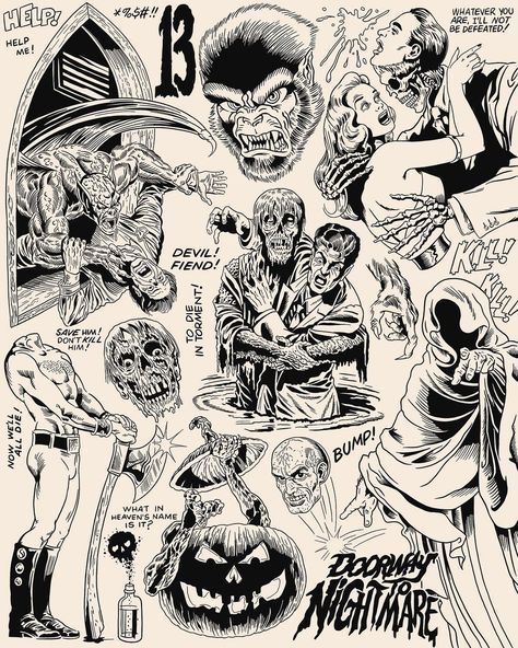 Vintage Halloween Tattoo Flash, Traditional Tattoo Halloween, Halloween Tattoo Flash, Comic Book Tattoo, Character Design Concept Art, Apocalypse Art, Flash Tattoo Designs, Flash Sheet, Tattoo Flash Sheet