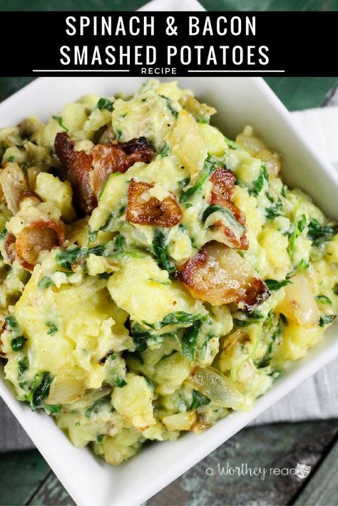 Recipes For Easter, Spinach And Bacon, Smashed Potatoes Recipe, Meat Dinners, Smashed Potatoes, Potato Recipe, Thanksgiving Side Dishes, Vegetarian Recipes Easy, Potato Dishes