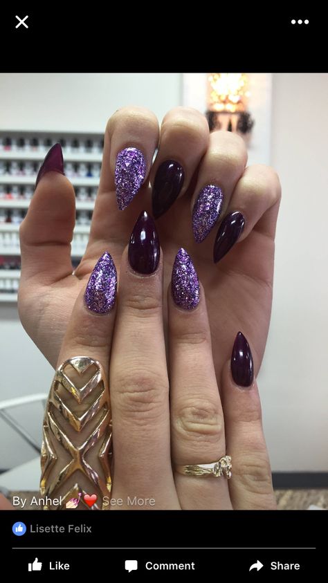 Black and purple glitter acrylic nails Black Silver And Purple Nails, Witchy Nails Simple Purple, Purple And Gold Almond Nails, Purple Black Nails Designs, Dark Purple Wedding Nails, Black And Purple Glitter Nails, Purple New Years Nails, Purple Pointy Nails, Black And Dark Purple Nails