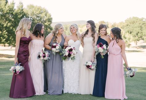 Bridesmaids pallet in pink wine navy blue cream and gray. Mismatched dress styles, textures, and different colors in complimentary hues came together to pull off exactly the look we were going for at our fall wedding. Pretty and feminine but fun and different which is exactly what you get here. Navy Blue And Pink Bridesmaid Dresses, Mismatched Dresses, Bridesmaid Stuff, Burgundy Wedding Colors, Taylor Wedding, Renewal Ceremony, February Wedding, Nye Wedding, Always A Bridesmaid