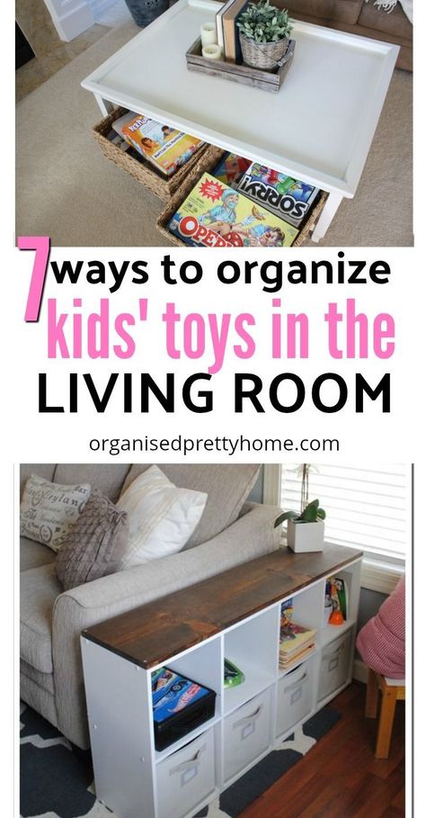 Find out 7 ideas for organizing toys in the living room.  How to have a family-friendly living room that works for both parents and kids. Stylish DIY hidden storage ideas for board games, LEGO, puzzles, books etc. - Organised Pretty Home #toyorganization #toystorage Diy Hidden Storage Ideas, Hidden Storage Ideas, Living Room Toy Storage, Kid Friendly Living Room, Toy Room Organization, Organizing Toys, Family Friendly Living Room, Play Corner, Ideas For Organizing