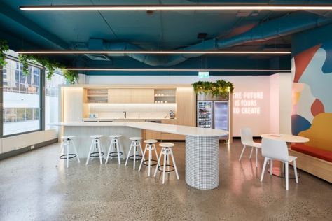 MOQ Digital Offices - Brisbane | Office Snapshots Commercial Interiors Office, Bureau Open Space, Office Canteen, Commercial Office Design, Office Pantry, Office Lounge, Color Palette Bright, Office Snapshots, It Solutions