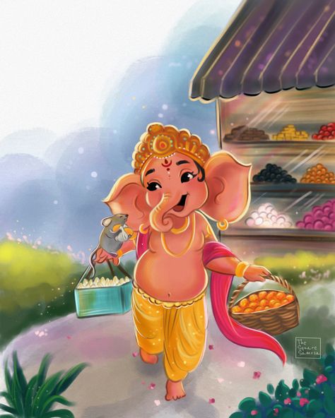 Cute Ganesh illustration Indian illustration ganpati art Ganpati Digital Art, Ganesh Chaturthi Cartoon, Ganapati Illustration, Cute Ganesha Painting, Little Ganesha Cute, Ganesha Cartoon, Ganpati Illustration, Ganesha Digital Art, Ganesh Illustration