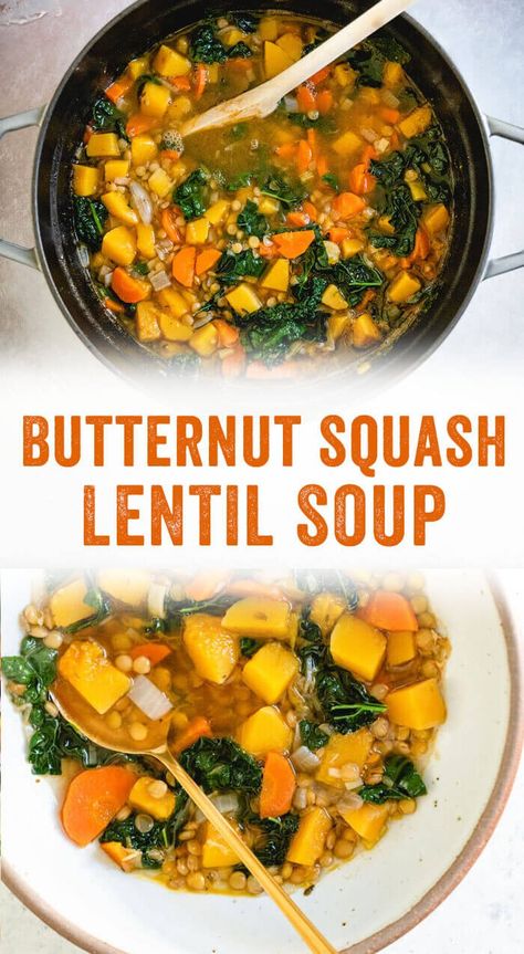 This hearty butternut squash lentil soup is a comforting and nutrient dense soup full of super foods, featuring lentils, kale, and leeks.﻿ #soup #healthy #mealprep #butternutsquash #squash #leeks #kale #lentils #vegetarian #vegan #glutenfree #plantbased Butternut Squash Lentil Soup, Squash Lentil Soup, Butternut Squash Lentil, Superfood Soup, Soup Healthy, Butternut Squash Recipes, Super Foods, Vegan Soups, Lentil Recipes