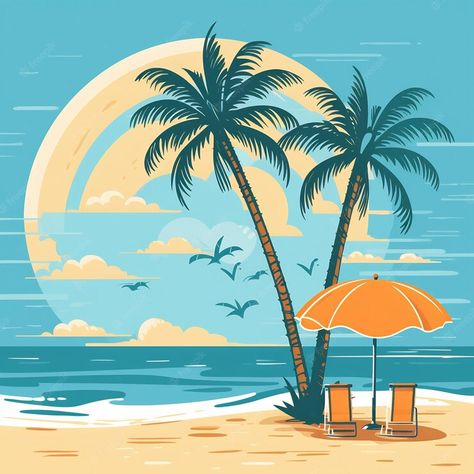 Premium AI Image | a beach scene with palm trees and an umbrella with a beach scene in the background Yg Marley, Celebration Pictures, Celebration Photos, Umbrella Drawing, Beach Cartoon, A Beach Scene, Scene Background, Beach Illustration, Summer Poster