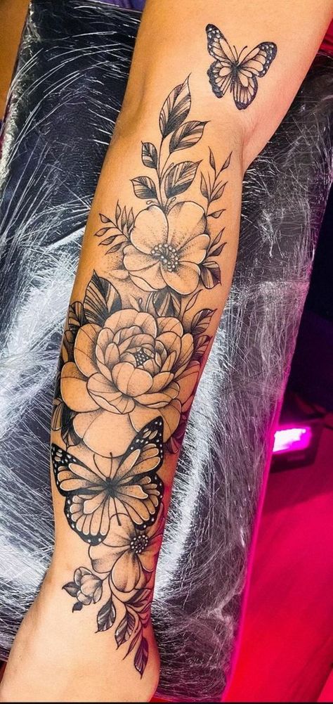 Woman Quarter Sleeve Tattoo, Flower And Butterfly Tattoo Sleeve For Women, Flower Butterfly Sleeve Tattoo, Butterfly Flower Arm Tattoo, Womens Lower Arm Tattoos, Flower Tattoos Sleeve Colorful, Butterfly And Flower Tattoo Sleeve, Lotus Flower Sleeve Tattoo, Flower And Butterfly Tattoo Sleeve