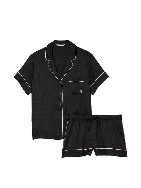 Victoria Secret Pyjamas, Black Silk Pajamas, Pajamas Aesthetic, Pajama Short Set, Flannel Shorts, Victorias Secret Set, Pajama Short, Lingerie Catalog, Pyjamas Womens