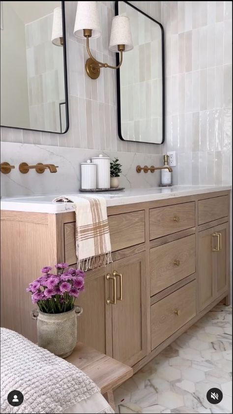 Calcutta Gold Tile Bathroom, Light Neutral Bathroom, Ceramic Tile Showers Walk In, Tile Bathroom Walls Behind Mirror, Tile Above Bathroom Vanity, Organic Modern Master Bath, Tile Behind Bathroom Vanity, Creamy Bathroom, Neutral Kids Bathroom Ideas